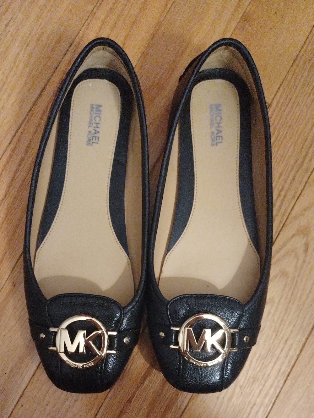 MICHAEL Michael Kors Black Leather MK Logo Ballet Flat With Gold Hardware